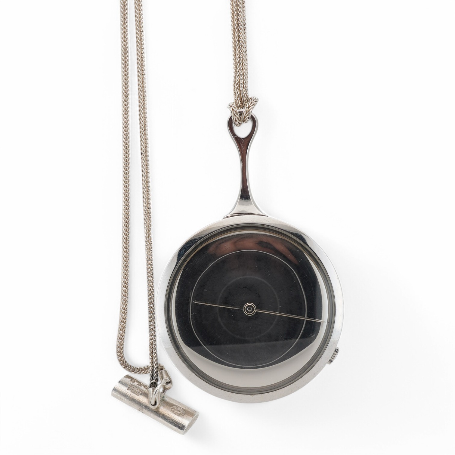 A Danish stainless steel Vivianna Torun for Georg Jensen pendant watch, on a 925S Georg Jensen chain, numbered 958, 78cm. Condition - fair to good